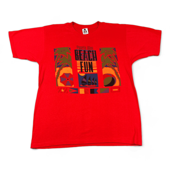 Vintage Puerto Rico Shirt Adult LARGE Red 80s Beach Fun Sailboat Palm Trees - Picture 1 of 5